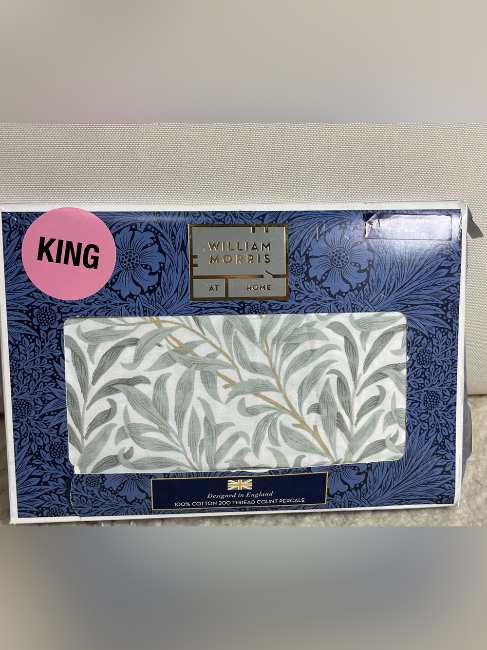 2 WILLIAM MORRIS Willow Bough Soft Mineral 200 TC Cotton King Pillowcases NIB